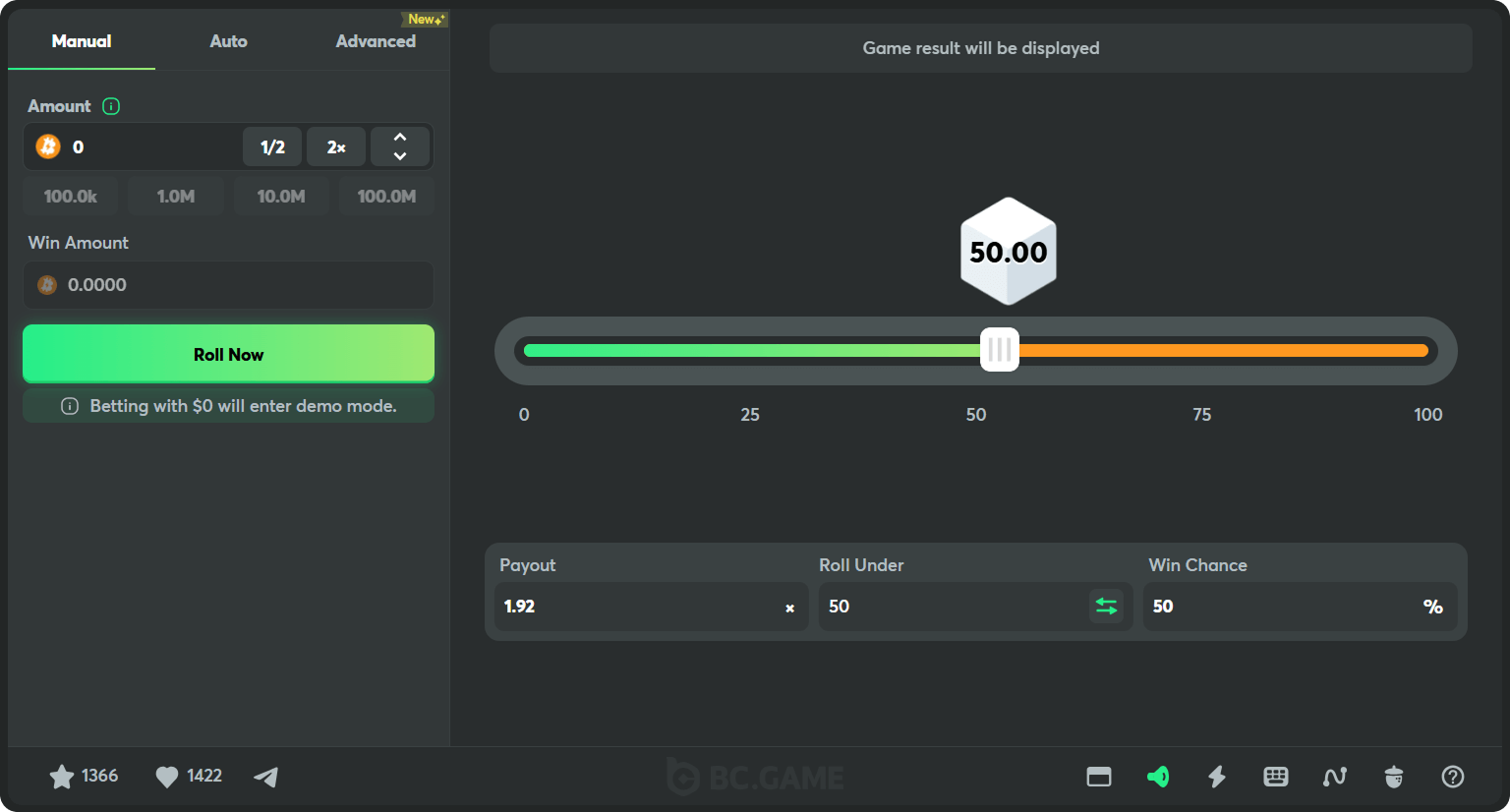 bc game casino originals classic dice demo screen