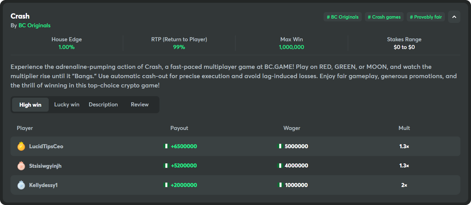 bc game casino originals crash high wins