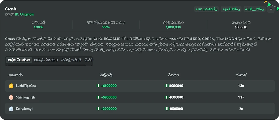 bc game originals crash high wins in telugu