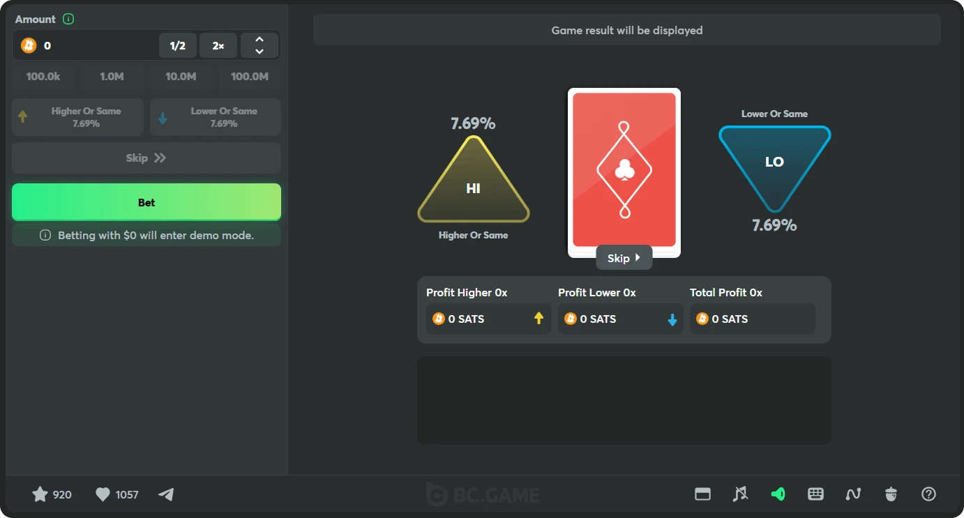 bc game casino originals hilo demo screenshot