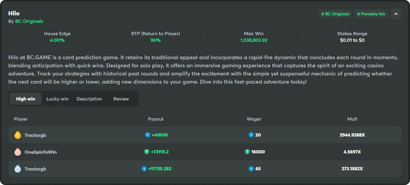 bc game casino originals hilo high wins