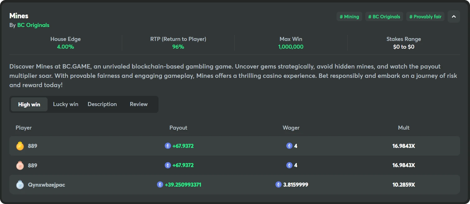 bc game casino originals mines stats demo screen