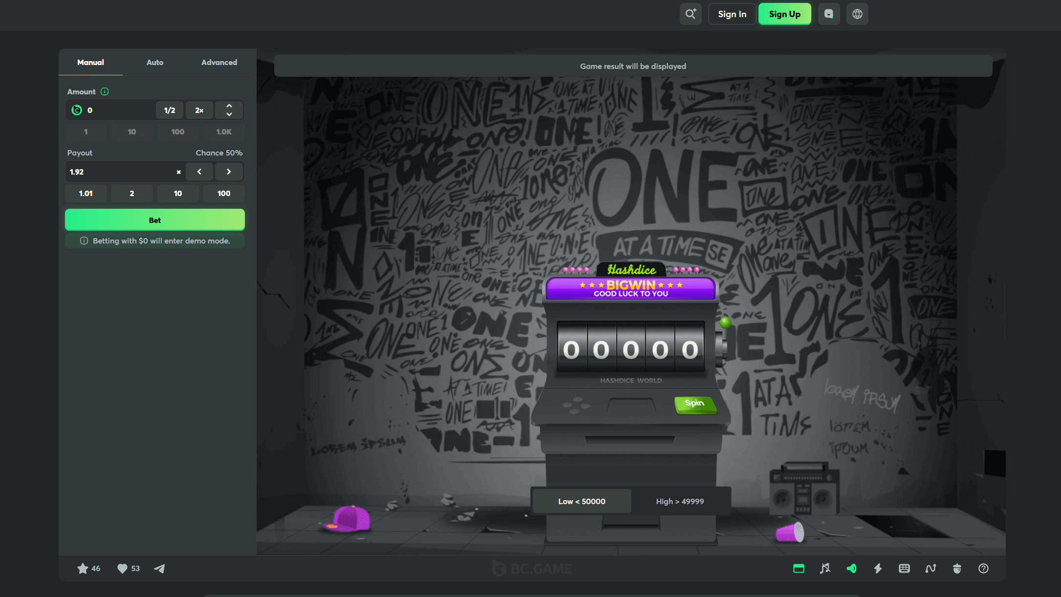 bc originals hash dice game demo screen